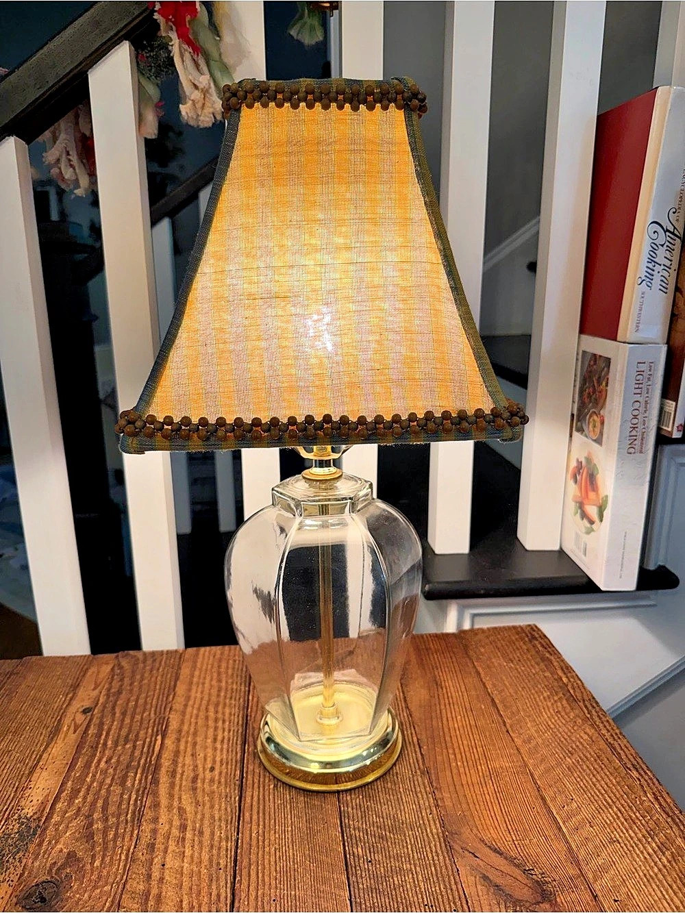 Vintage Collectible Table Lamp Gold & Clear with Striped Chic Shade